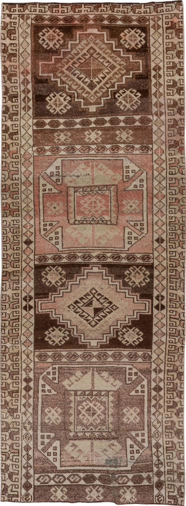 2' x 7' one-of-a-kind handmade vintage Oushak runner rug. Color palette: brown, gray, pink