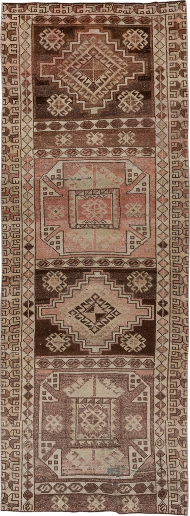 2' x 7' one-of-a-kind handmade vintage Oushak runner rug. Color palette: brown, gray, pink