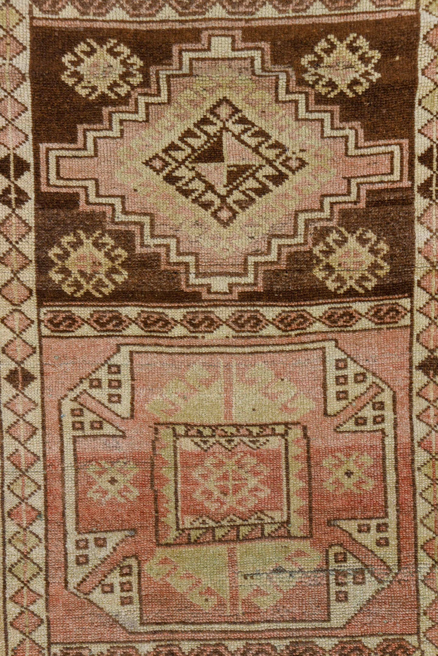 2' x 7' one-of-a-kind handmade vintage Oushak runner rug. Color palette: brown, ivory, taupe, blush, camel, rose, beige