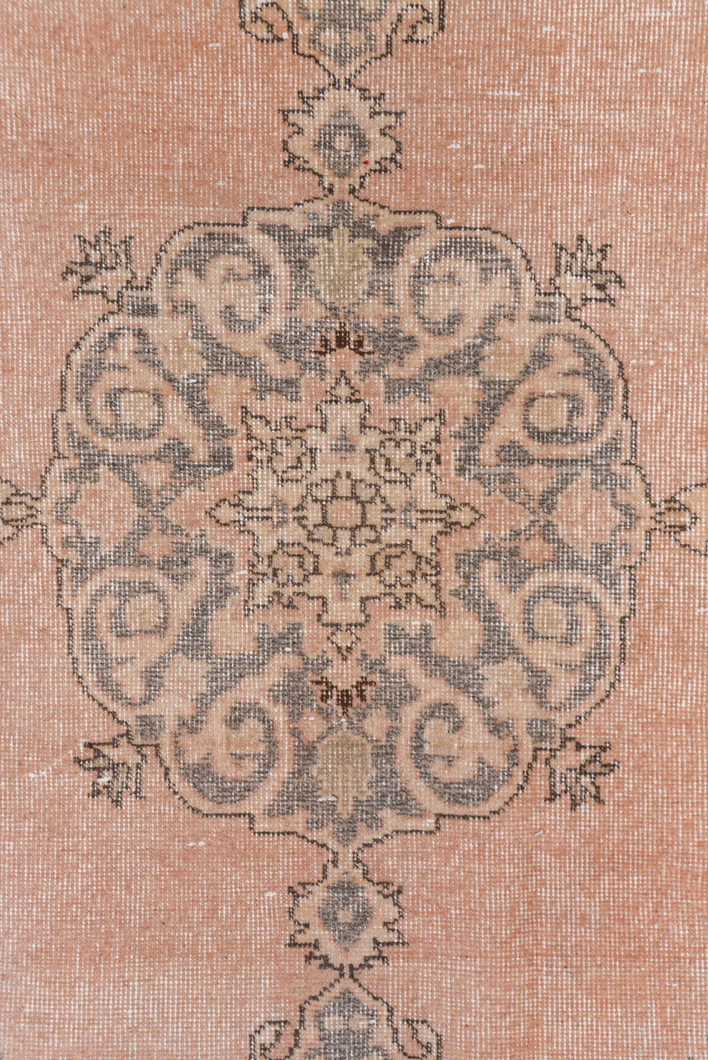 3' x 6' one-of-a-kind handmade vintage Oushak small size rug. Color palette: blush, taupe, gray, ivory, charcoal, pink