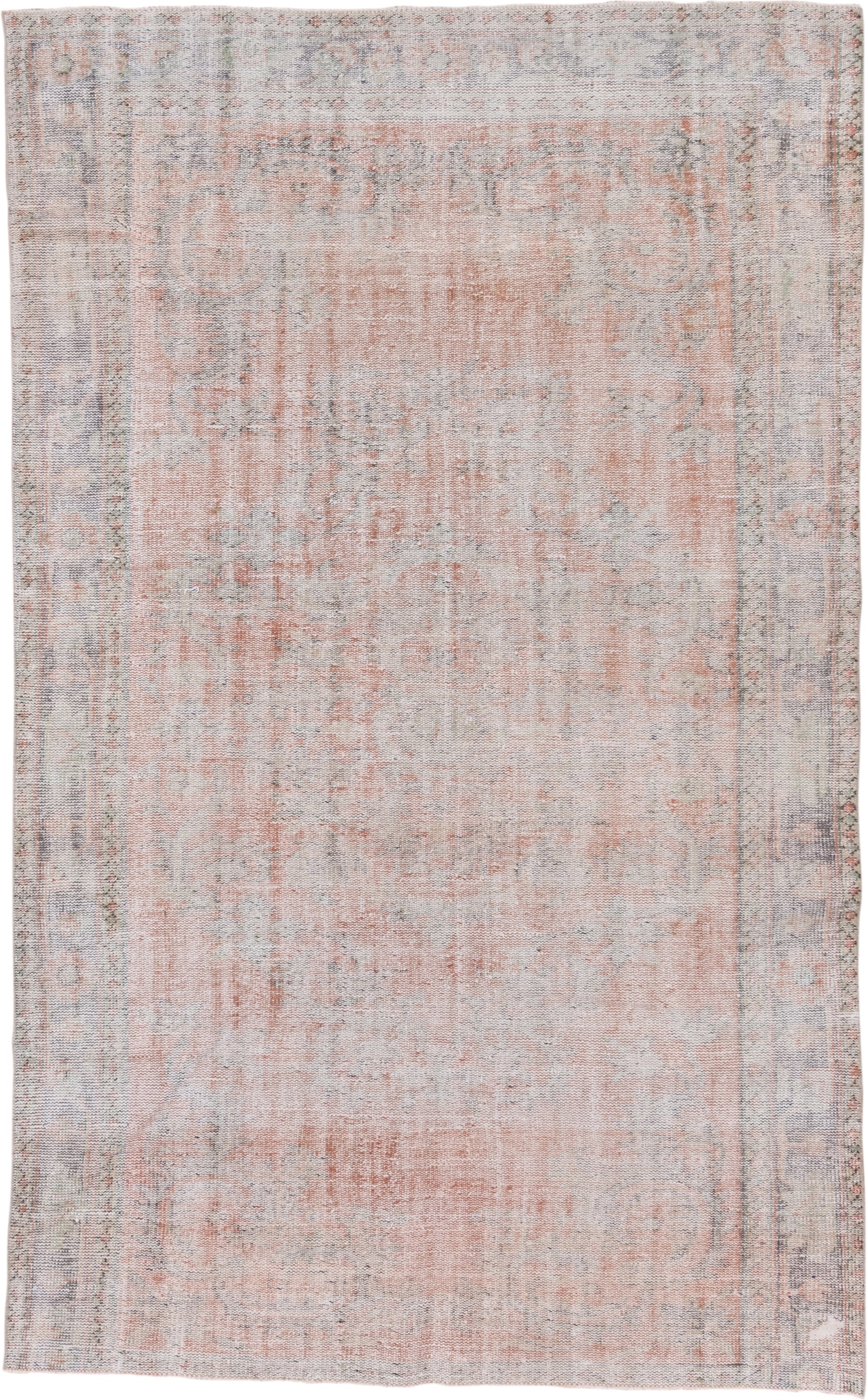 6' x 9' one-of-a-kind handmade vintage Oushak medium size rug. Color palette: blush, ivory, silver, taupe, pale gray, peach