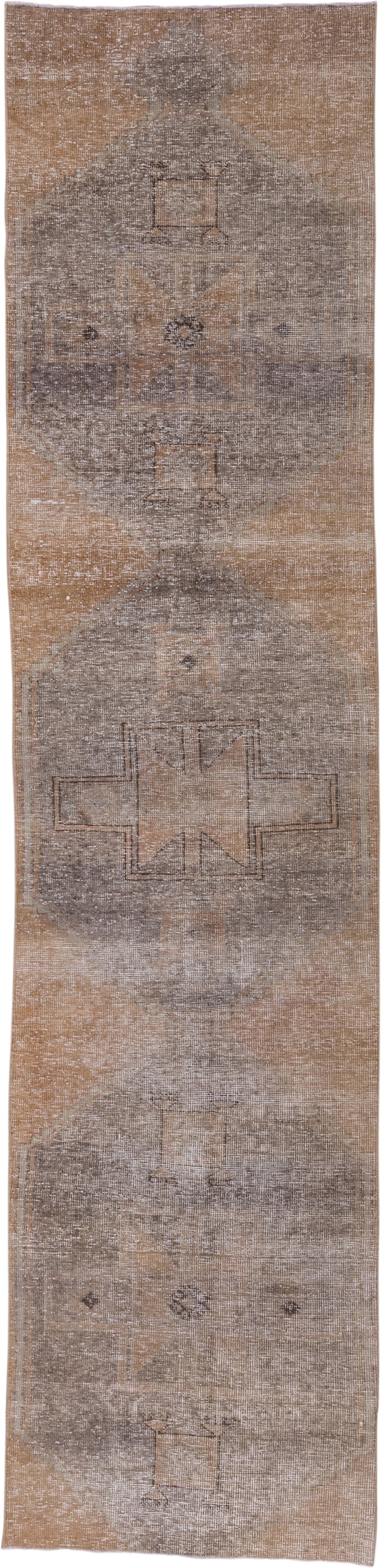 3' x 12' one-of-a-kind handmade vintage Oushak runner rug. Color palette: taupe, camel, beige, ivory, greige, gray