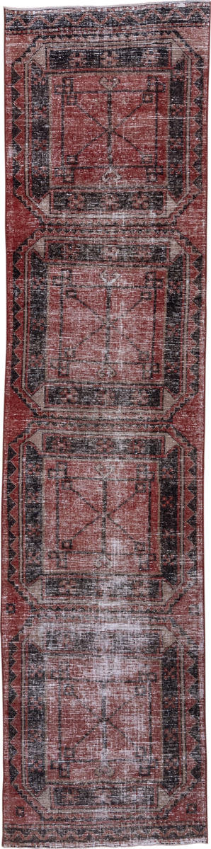 2' x 11' one-of-a-kind handmade vintage Oushak runner rug. Color palette: terra cotta, charcoal, rose, ivory, taupe