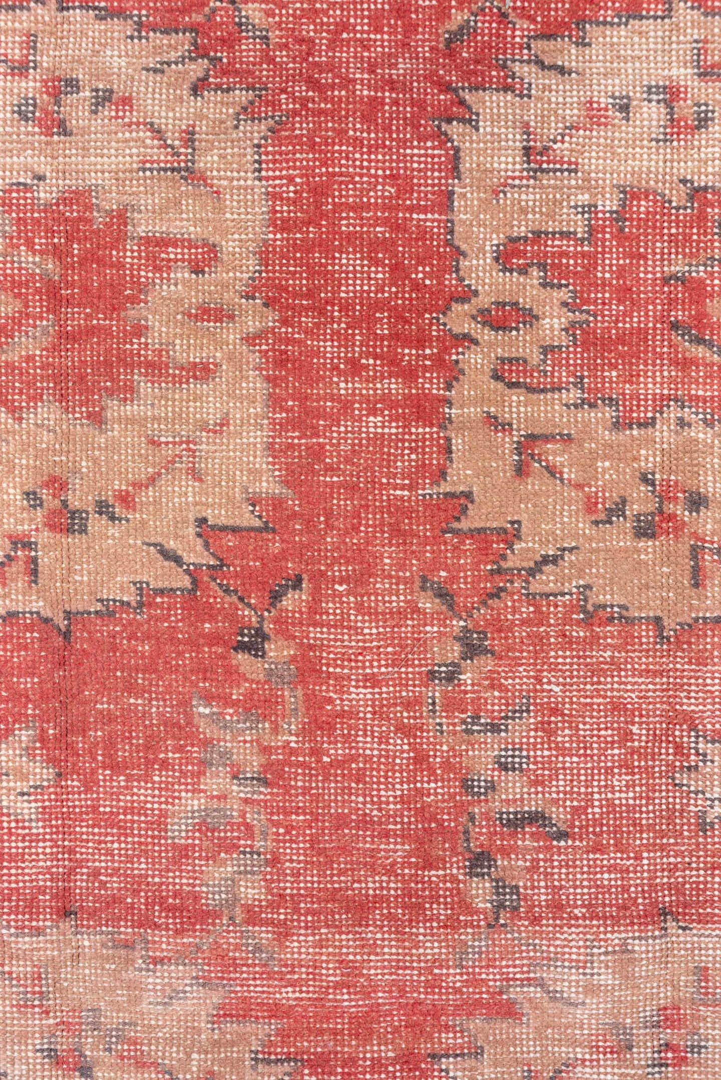 4' x 7' one-of-a-kind handmade vintage Oushak rug. Color palette: coral, ivory, rose, taupe, charcoal, terracotta, pink, red