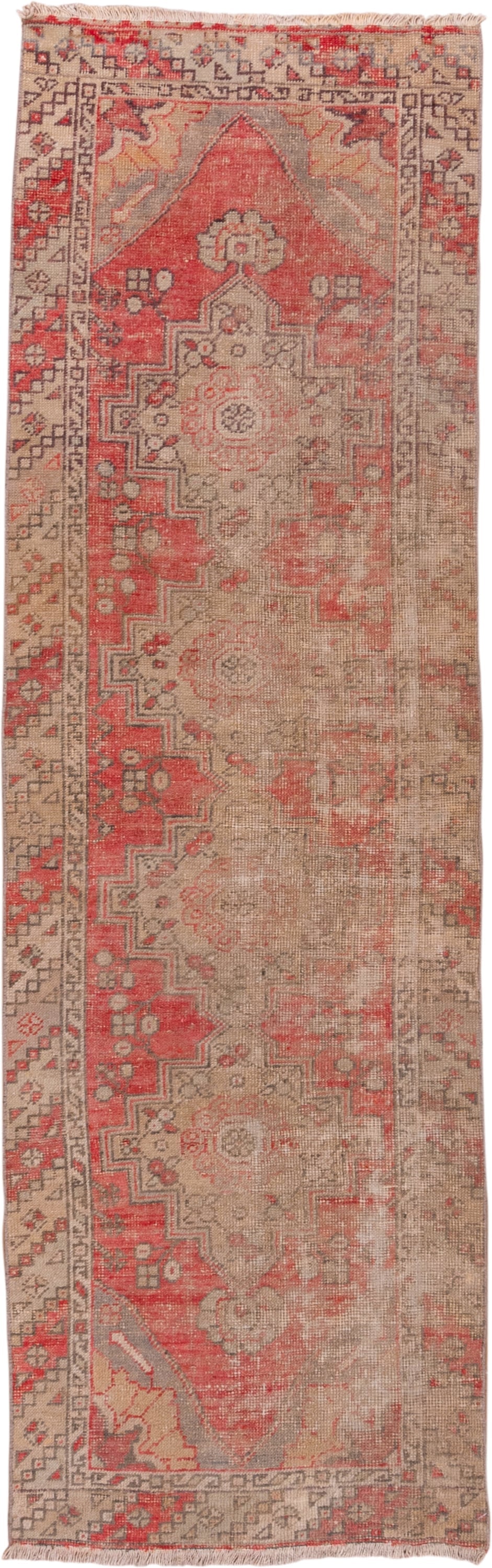 2' x 9' one-of-a-kind handmade vintage Oushak runner rug. Color palette: taupe, coral, beige, ivory, rose, gray, terracotta