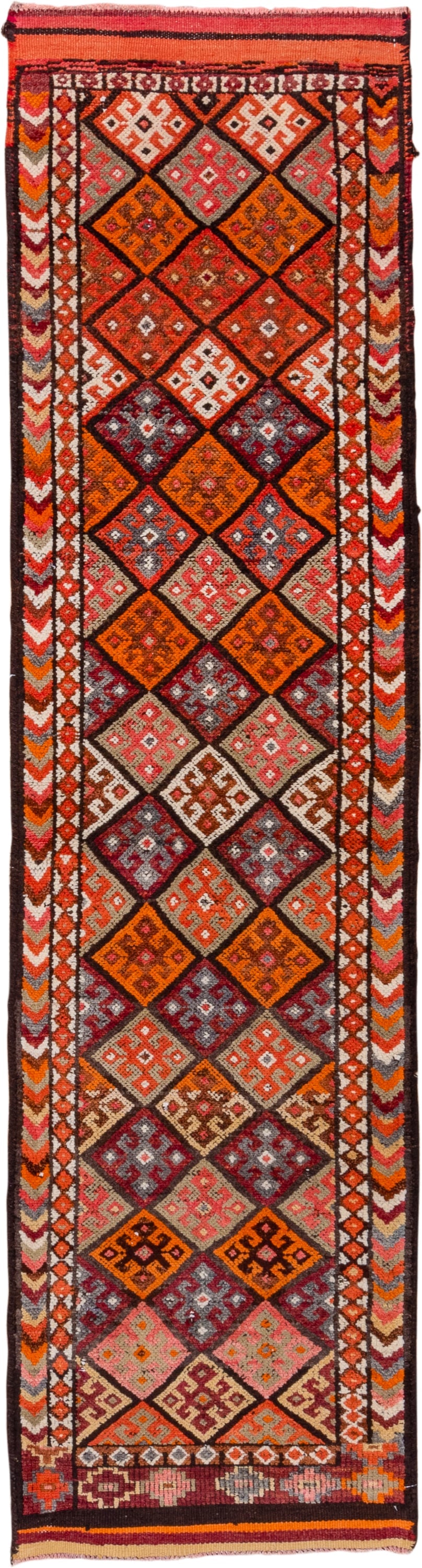2' x 10' one-of-a-kind handmade vintage Oushak runner rug. Color palette: rust, coral, plum, ivory, charcoal, orange, rose