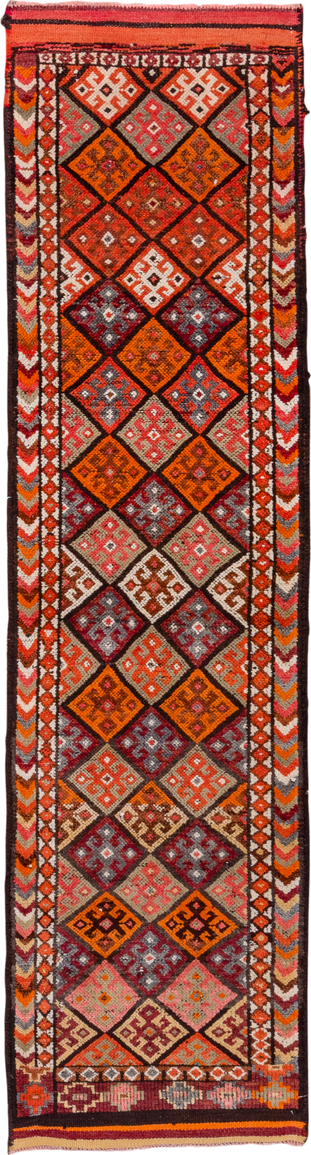 2' x 10' one-of-a-kind handmade vintage Oushak runner rug. Color palette: brown, gray, light gray, off-white, orange, pink