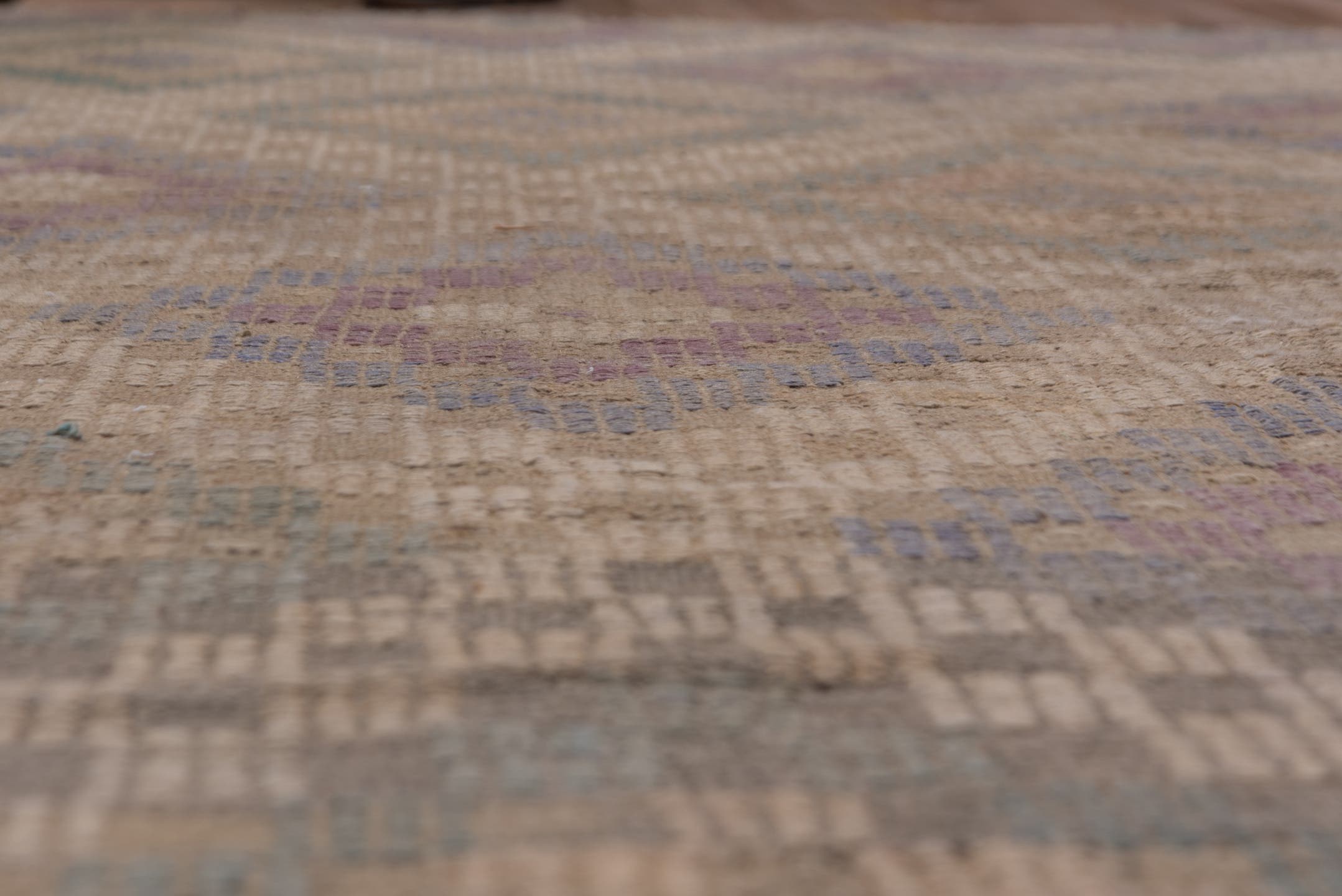 6' x 8' one-of-a-kind handmade vintage Jijim medium size rug. Color palette: taupe, beige, lavender, slate, teal, gray