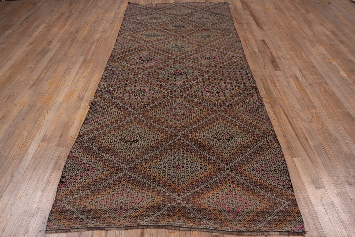 8' x 11' one-of-a-kind handmade antique Mir large size rug. Color palette: taupe, camel, charcoal, muted rose, rust, ivory