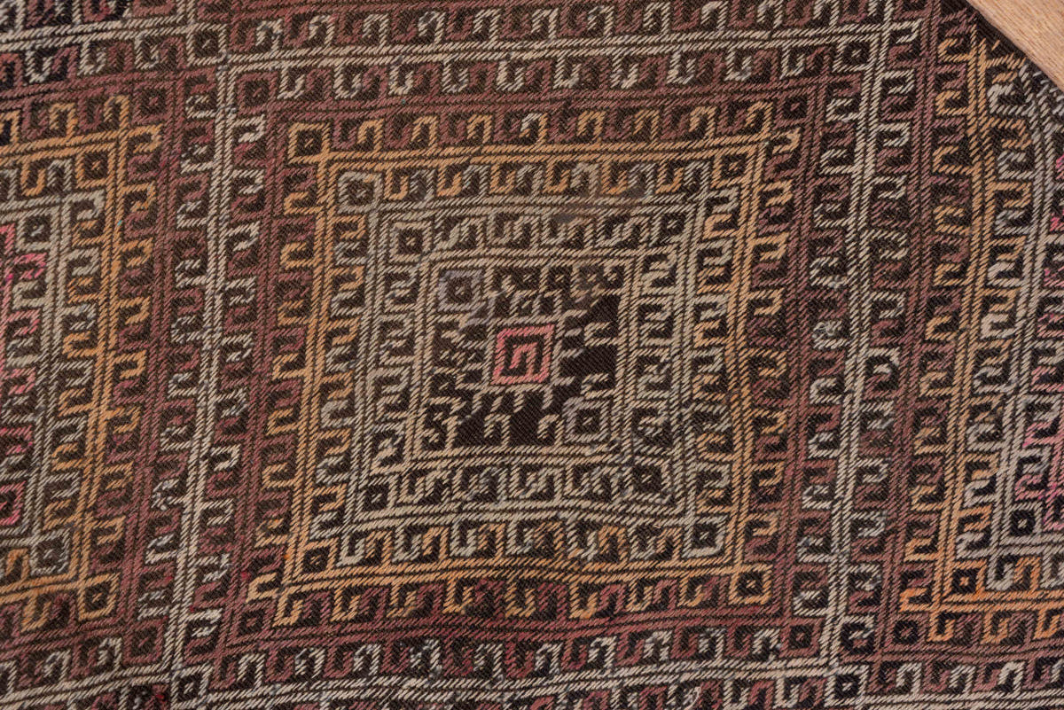 8' x 11' one-of-a-kind handmade antique Mir large size rug. Color palette: taupe, camel, charcoal, muted rose, rust, ivory