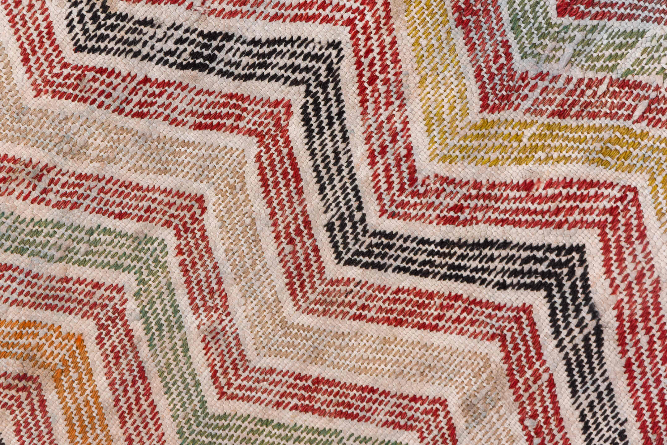 7' x 8' one-of-a-kind handmade vintage Jijim rug. Color palette: brown, ghost white, gray, light gray, off-white, pink, red