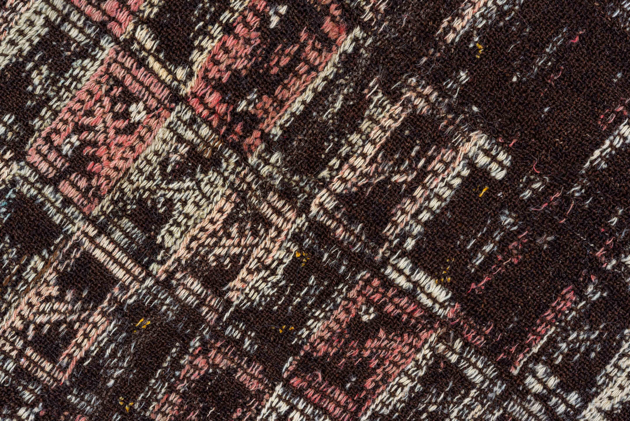 4' x 7' one-of-a-kind handmade vintage Jijim rug. Color palette: dark brown, ivory, rose, taupe, charcoal, brown, pink, red
