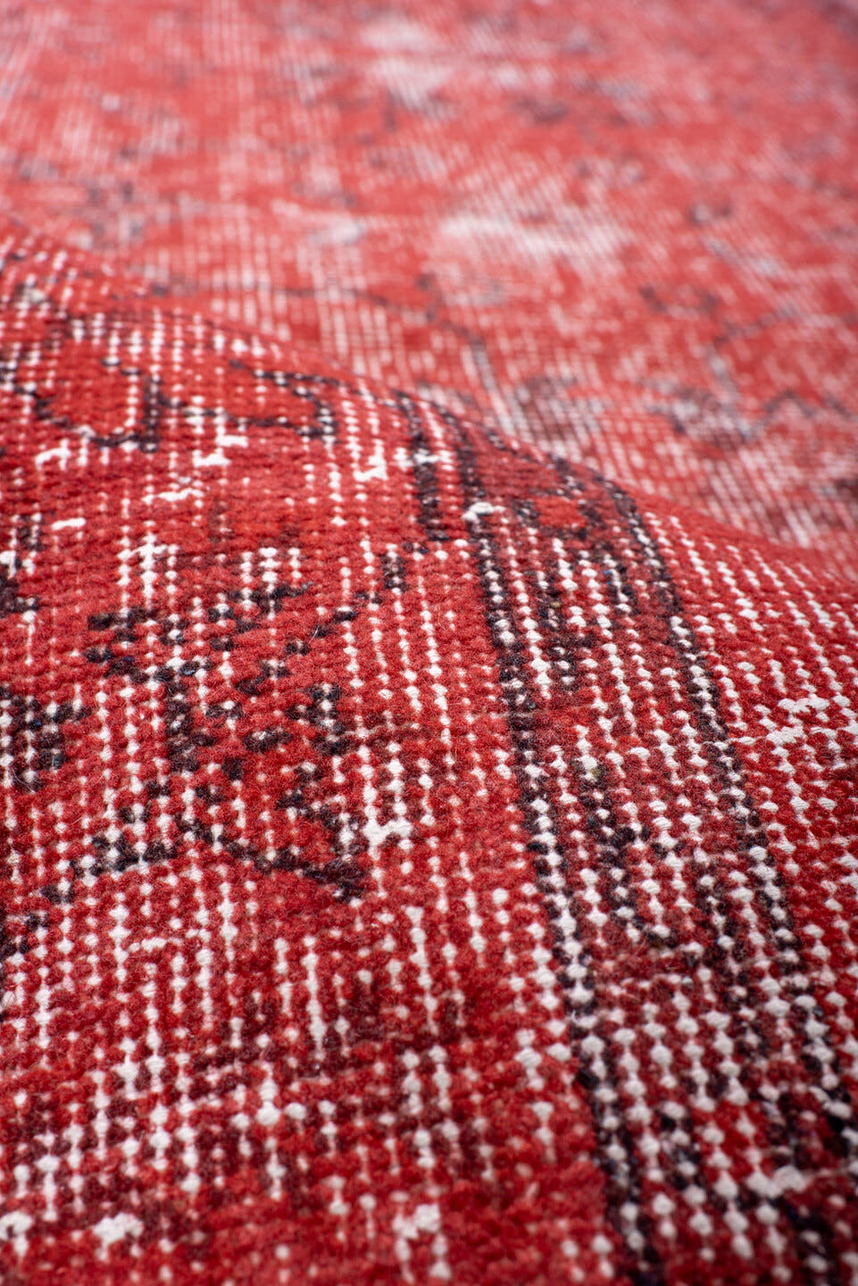 3' x 10' one-of-a-kind handmade vintage Overdyed runner rug. Color palette: crimson, rose, burgundy, ivory, red, pink