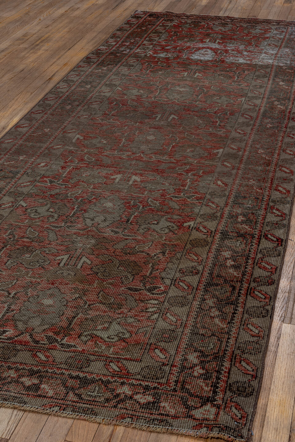 3' x 10' one-of-a-kind handmade vintage Oushak runner rug. Color palette: taupe, rust, brown, charcoal, rose, ivory, beige