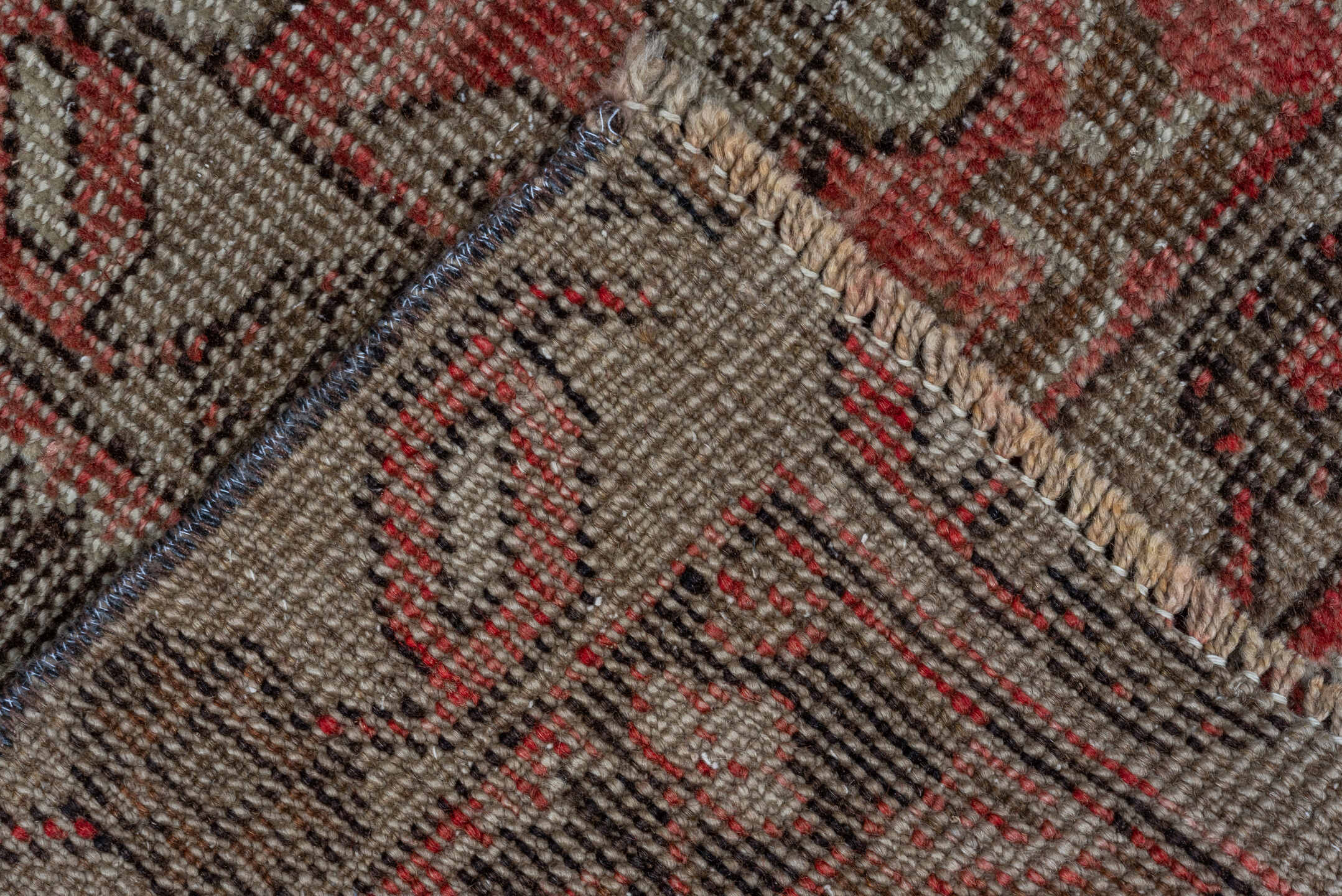 3' x 10' one-of-a-kind handmade vintage Oushak runner rug. Color palette: brown, gray, off-white, pink, snow, white