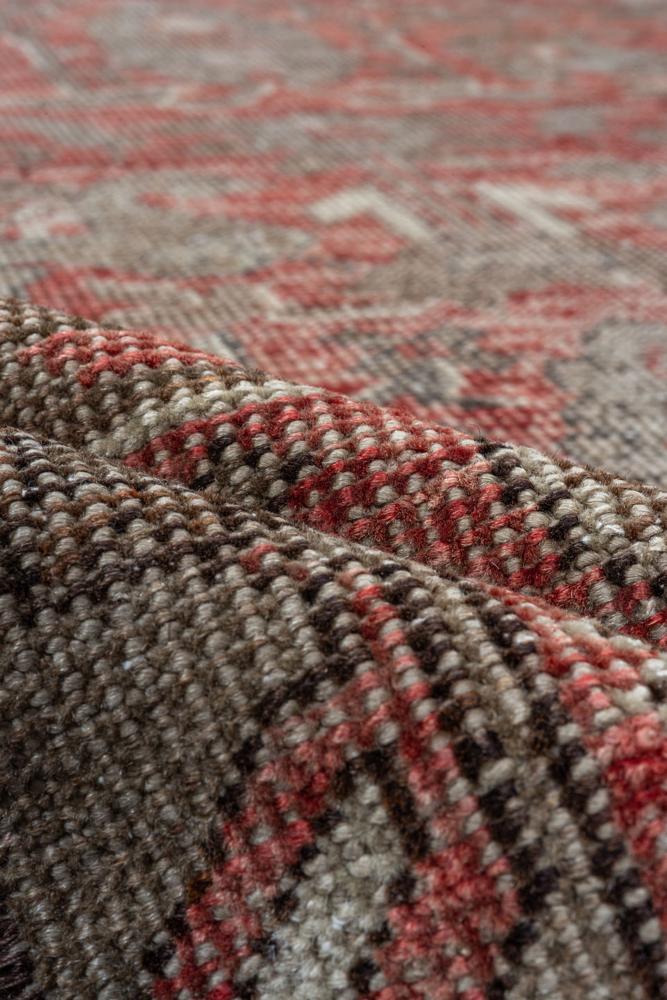 3' x 10' one-of-a-kind handmade vintage Oushak runner rug. Color palette: brown, gray, off-white, pink, snow, white