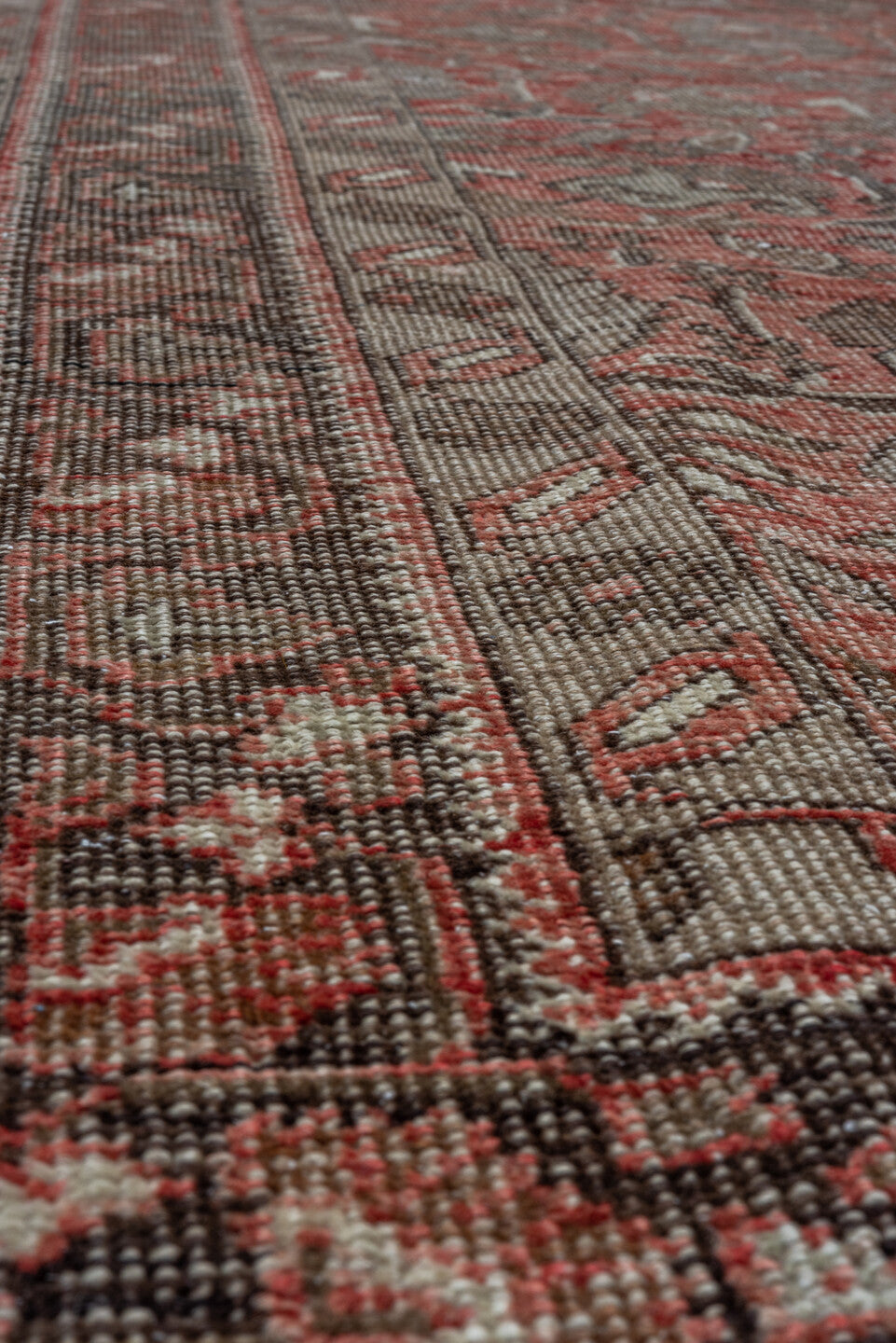 3' x 10' one-of-a-kind handmade vintage Oushak runner rug. Color palette: taupe, rust, brown, charcoal, rose, ivory, beige