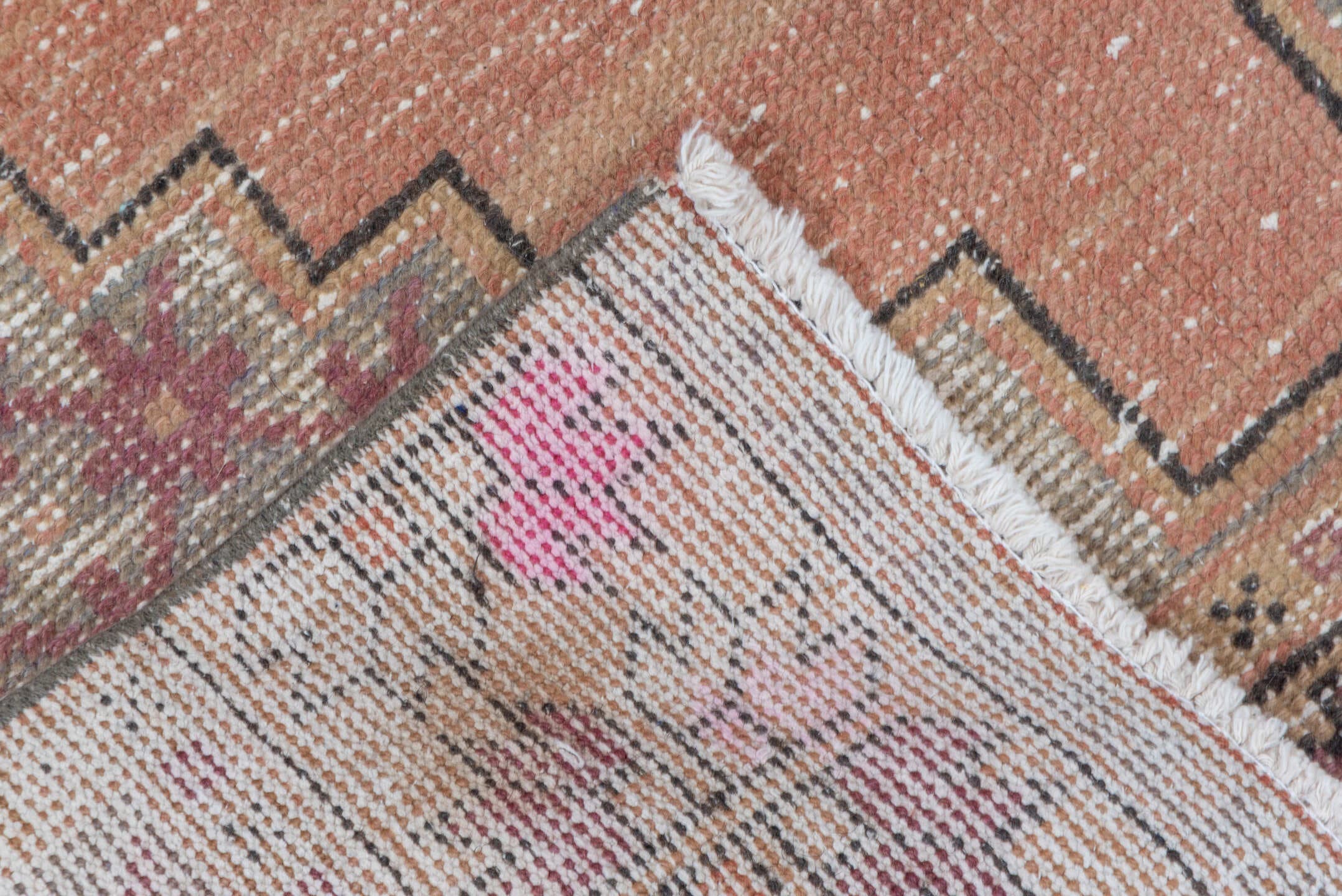 3' x 9' one-of-a-kind handmade vintage Oushak runner rug. Color palette: peach, camel, taupe, rose, burgundy, ivory, brown