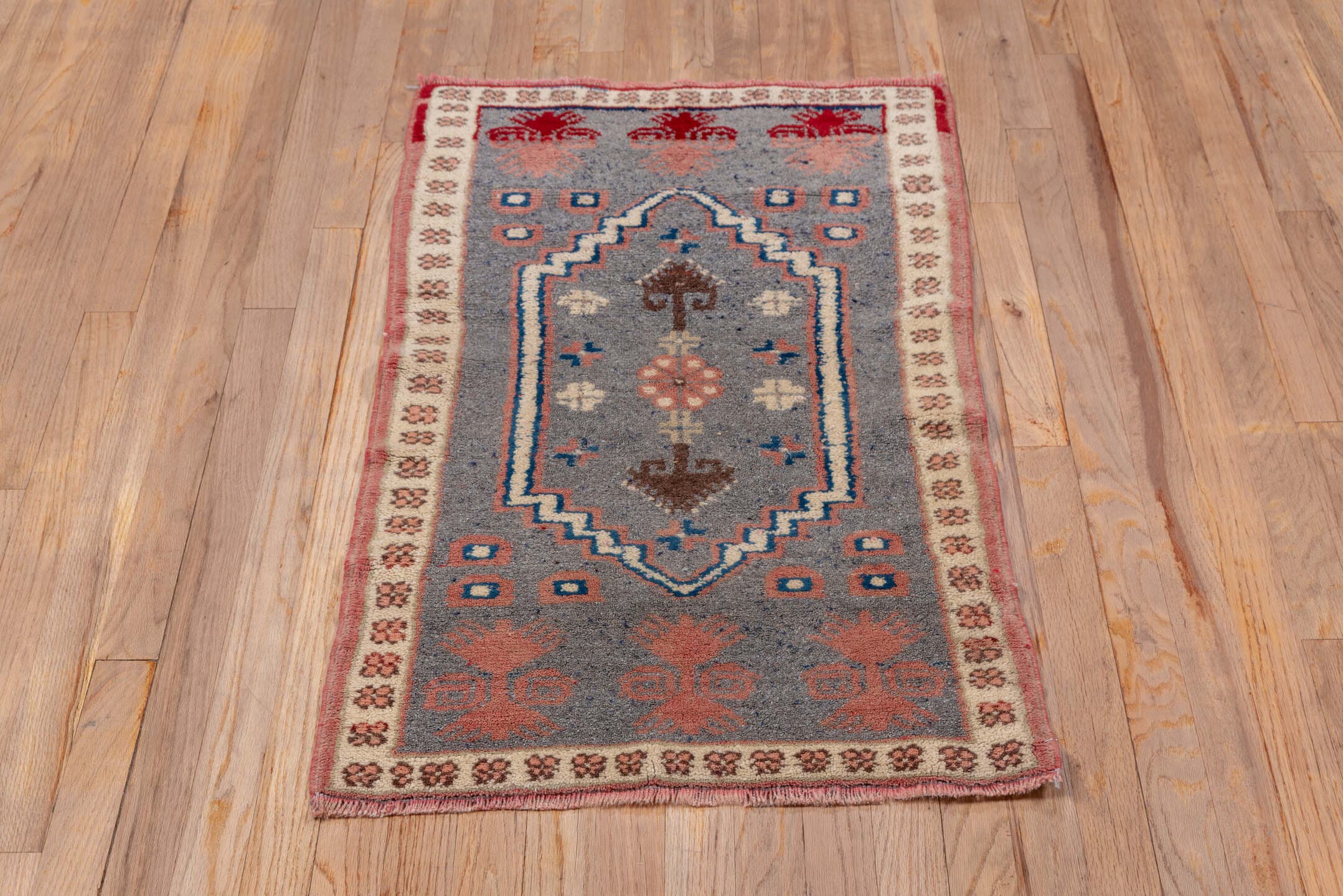 2' x 3' one-of-a-kind handmade vintage Oushak small size rug. Color palette: gray, ivory, rose, rust, brown, blue, crimson