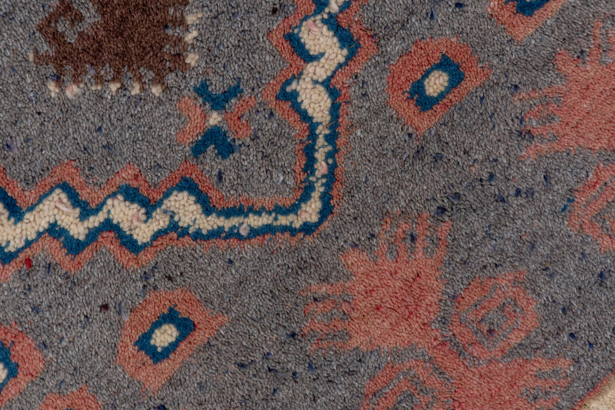 2' x 3' one-of-a-kind handmade vintage Oushak small size rug. Color palette: blue, brown, gray, light gray, pink, red