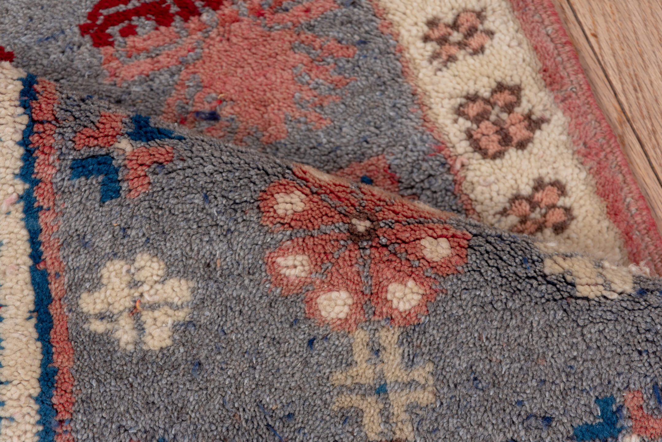 2' x 3' one-of-a-kind handmade vintage Oushak small size rug. Color palette: blue, brown, gray, light gray, pink, red