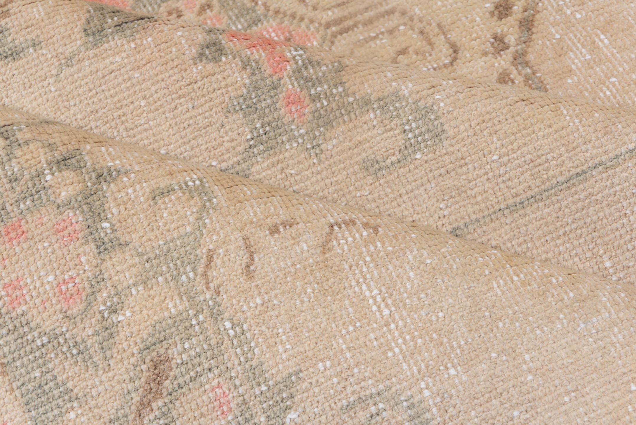 4' x 6' one-of-a-kind handmade vintage Oushak small size rug. Color palette: beige, taupe, blush, sage, brown, ivory, gray