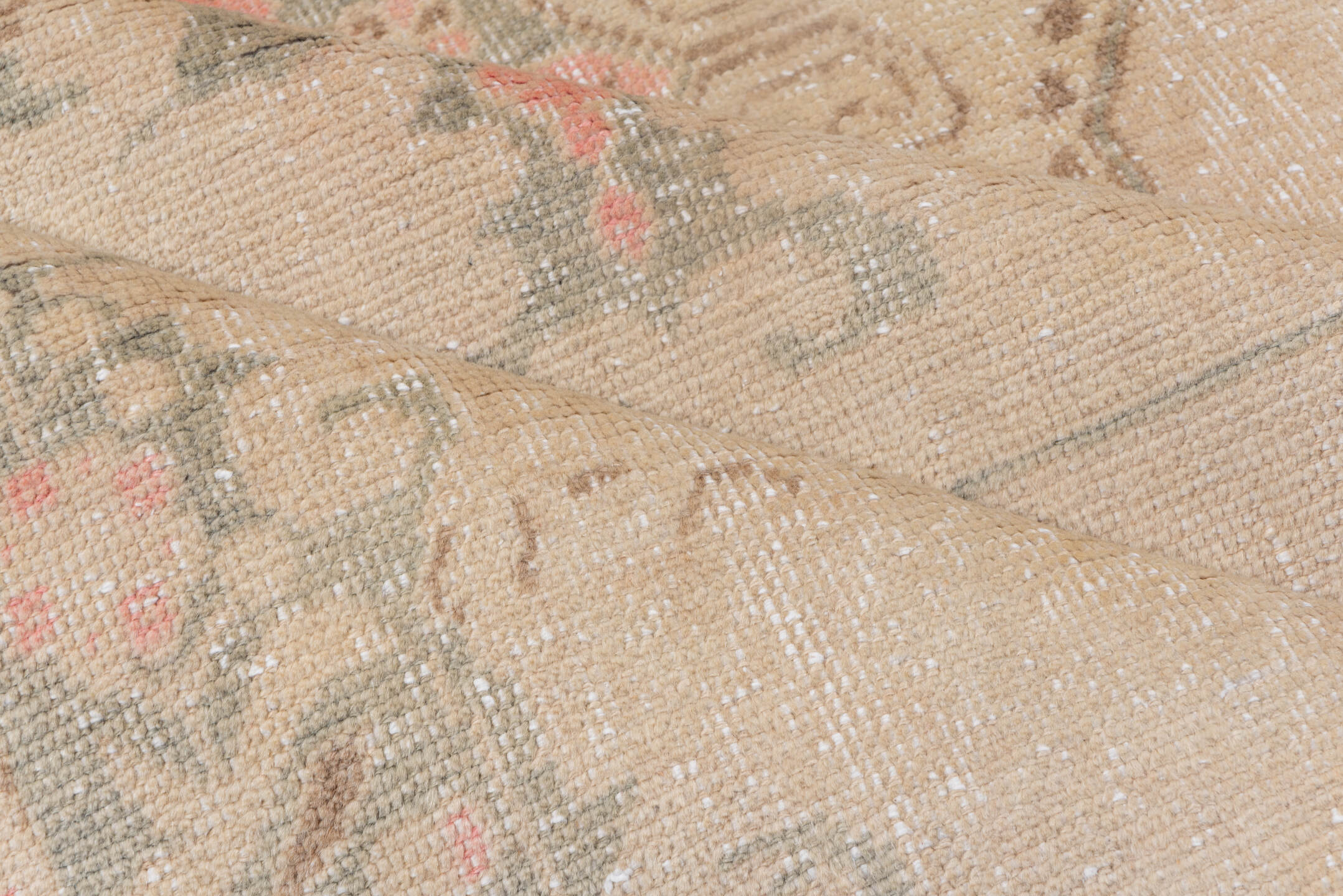 4' x 6' one-of-a-kind handmade vintage Oushak small size rug. Color palette: beige, taupe, blush, sage, brown, ivory, gray