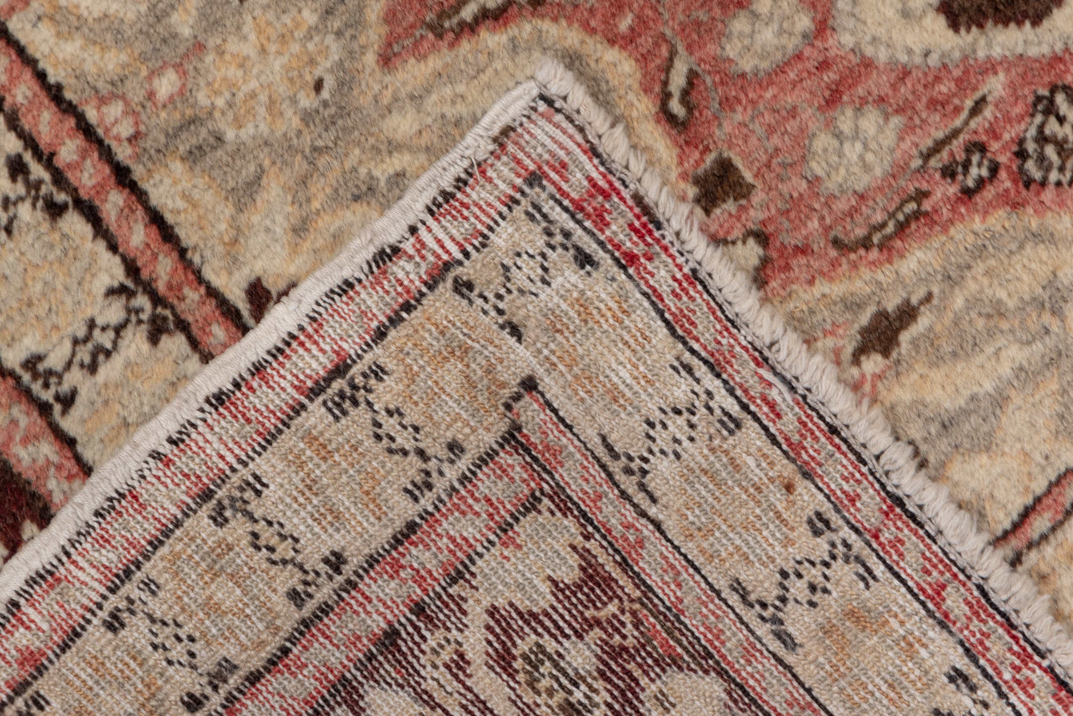 4' x 5' one-of-a-kind handmade vintage Oushak small size rug. Color palette: brown, gray, light gray, pink, red, redwood