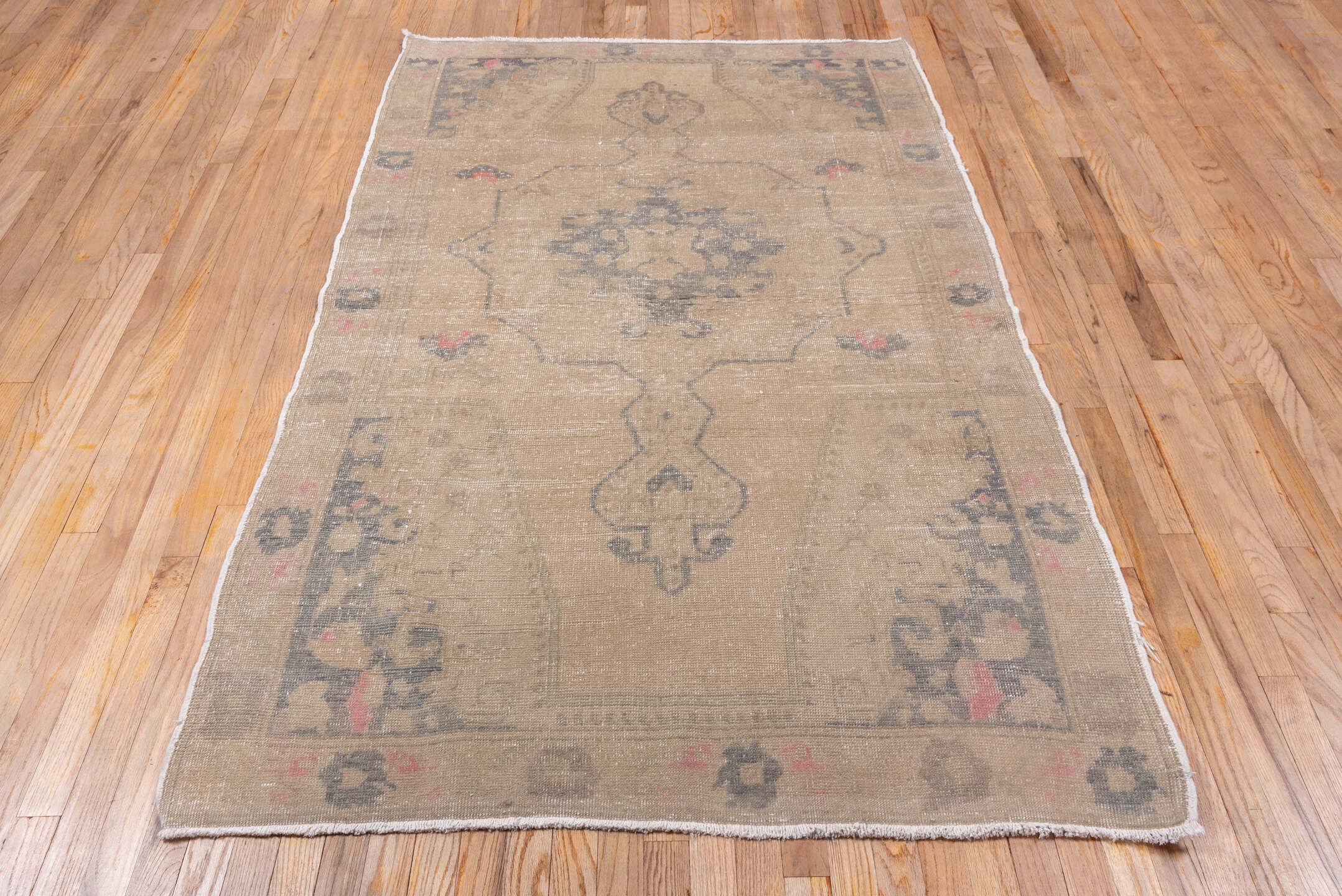 4' x 7' one-of-a-kind handmade vintage Oushak rug. Color palette: taupe, beige, charcoal, ivory, rose, gray, black, pink