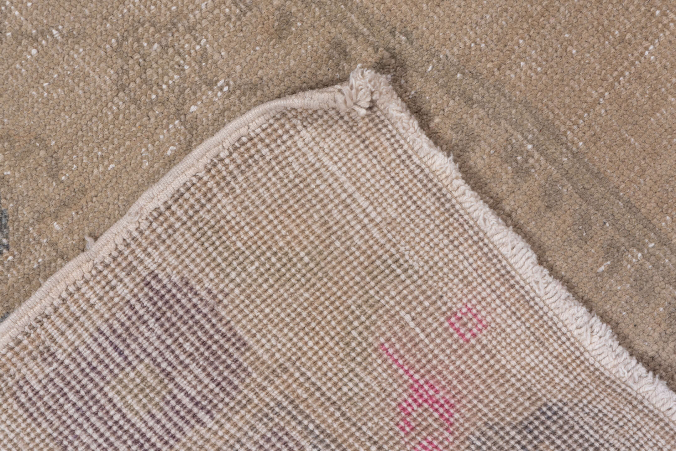 4' x 7' one-of-a-kind handmade vintage Oushak rug. Color palette: taupe, beige, charcoal, ivory, rose, gray, black, pink