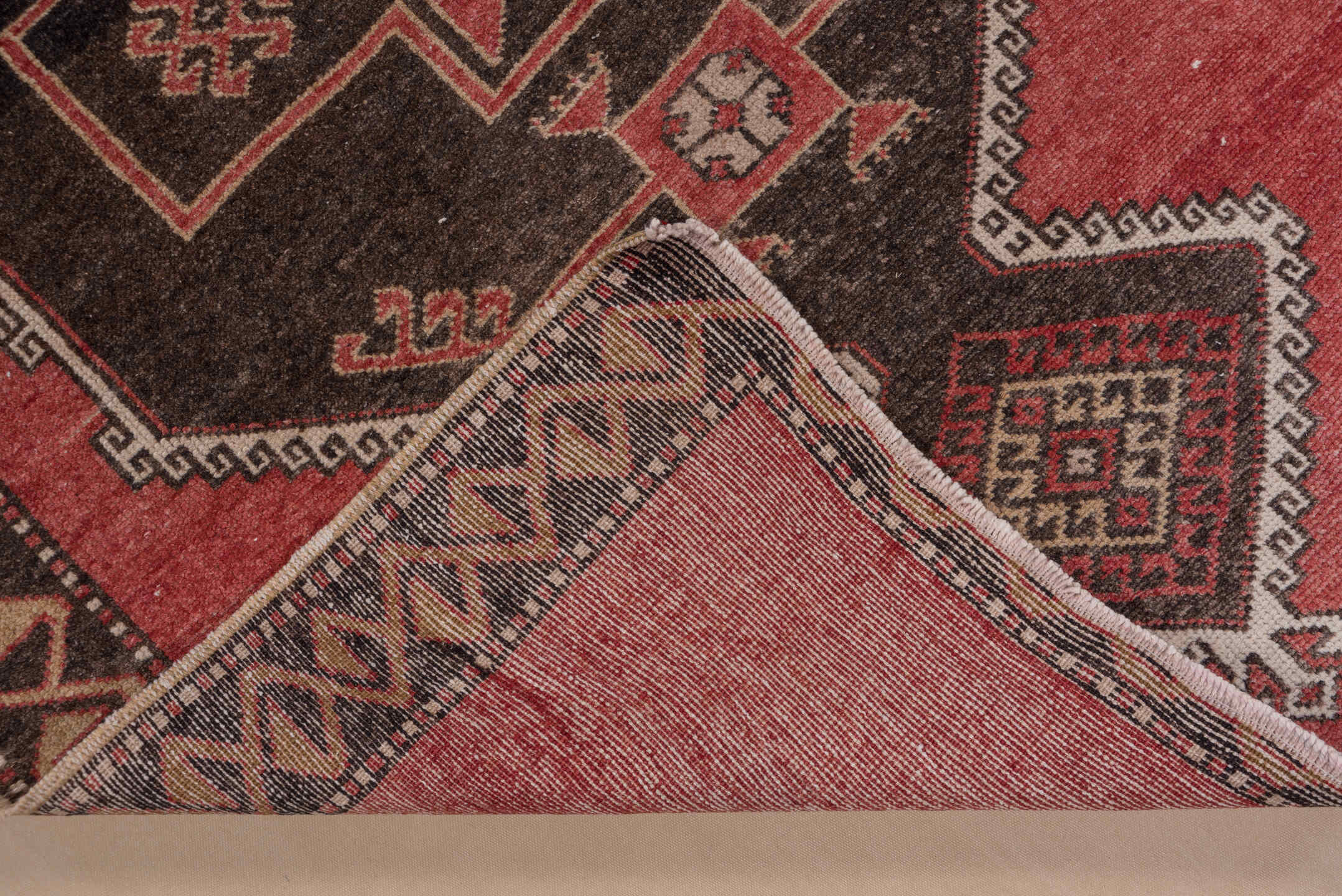 4' x 11' one-of-a-kind handmade vintage Oushak runner rug. Color palette: brown, gray, indian red, light gray, off-white