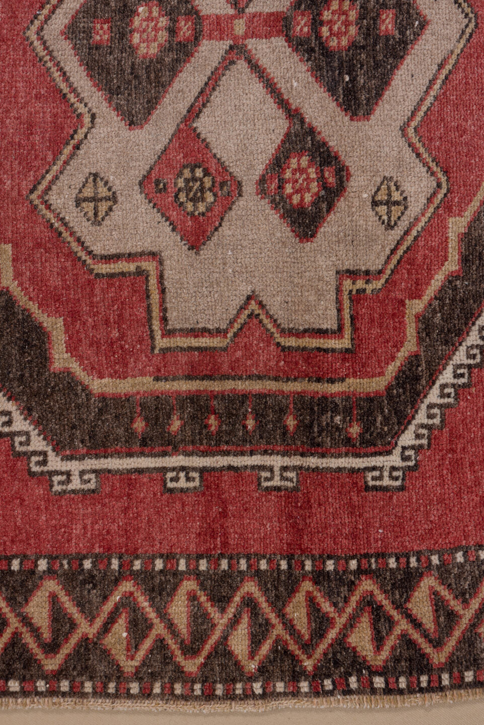 4' x 11' one-of-a-kind handmade vintage Oushak runner rug. Color palette: brown, gray, indian red, light gray, off-white