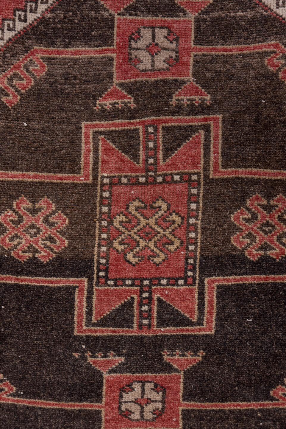 4' x 11' one-of-a-kind handmade vintage Oushak runner rug. Color palette: brown, gray, indian red, light gray, off-white