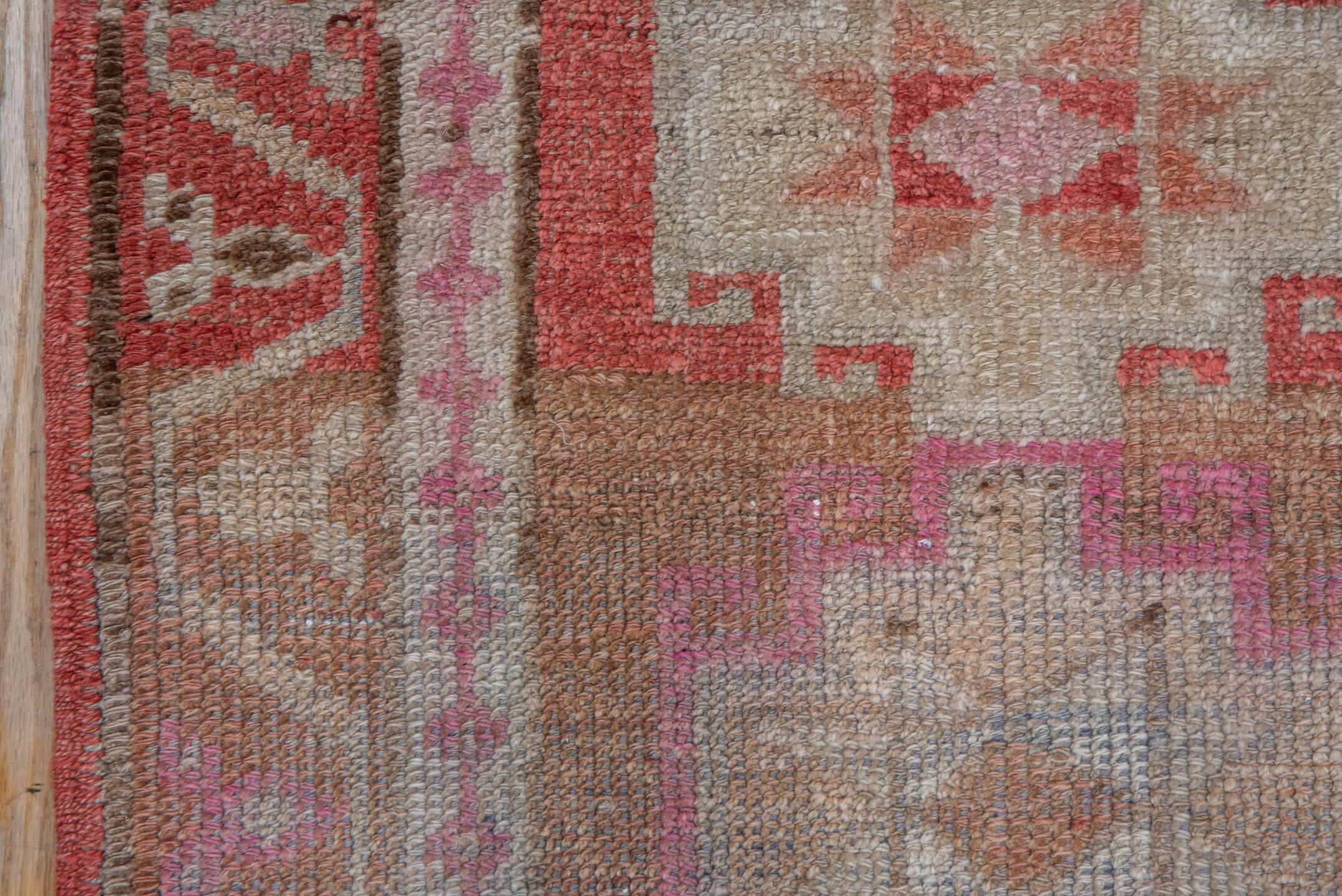 2' x 12' one-of-a-kind handmade vintage Oushak runner rug. Color palette: brown, gray, pink, red, rosy brown