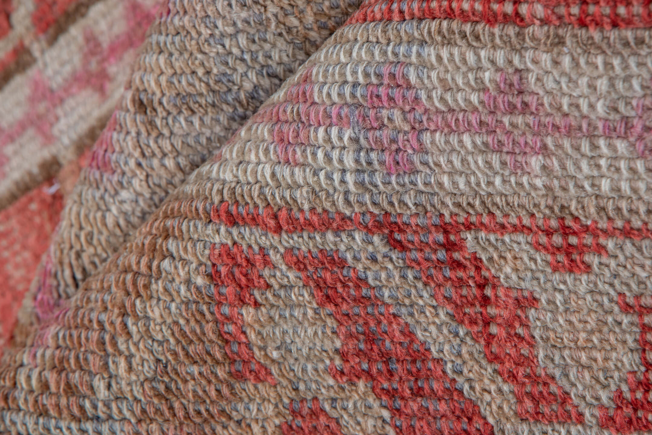 2' x 12' one-of-a-kind handmade vintage Oushak runner rug. Color palette: brown, gray, pink, red, rosy brown