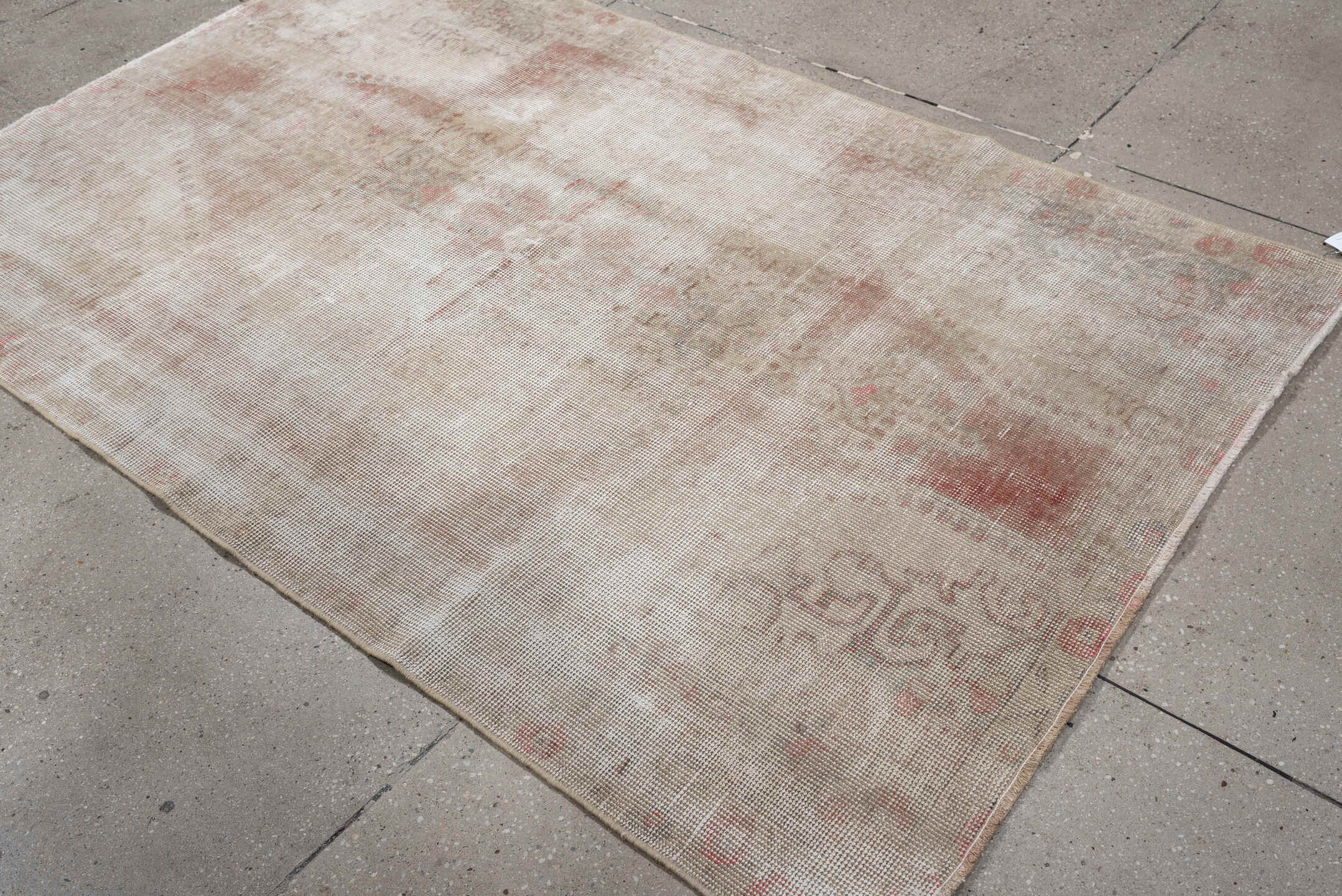 4' x 6' one-of-a-kind handmade vintage Sparta rug. Color palette: ivory, blush, taupe, sage, sand, pink, beige, gray, green