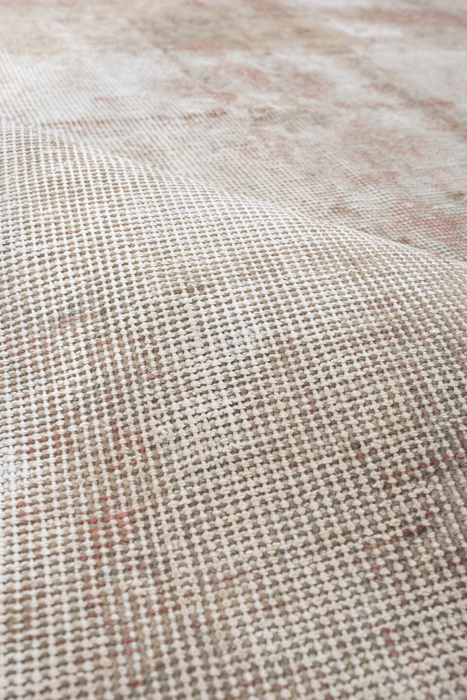 4' x 6' one-of-a-kind handmade vintage Sparta rug. Color palette: ivory, blush, taupe, sage, sand, pink, beige, gray, green