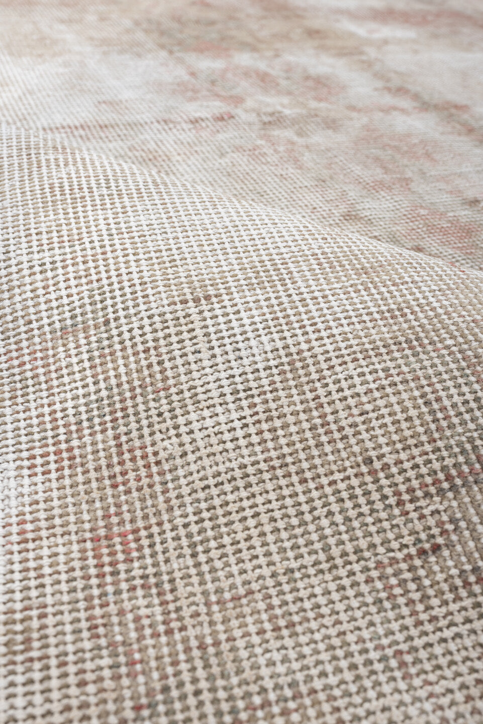 4' x 6' one-of-a-kind handmade vintage Sparta rug. Color palette: ivory, blush, taupe, sage, sand, pink, beige, gray, green