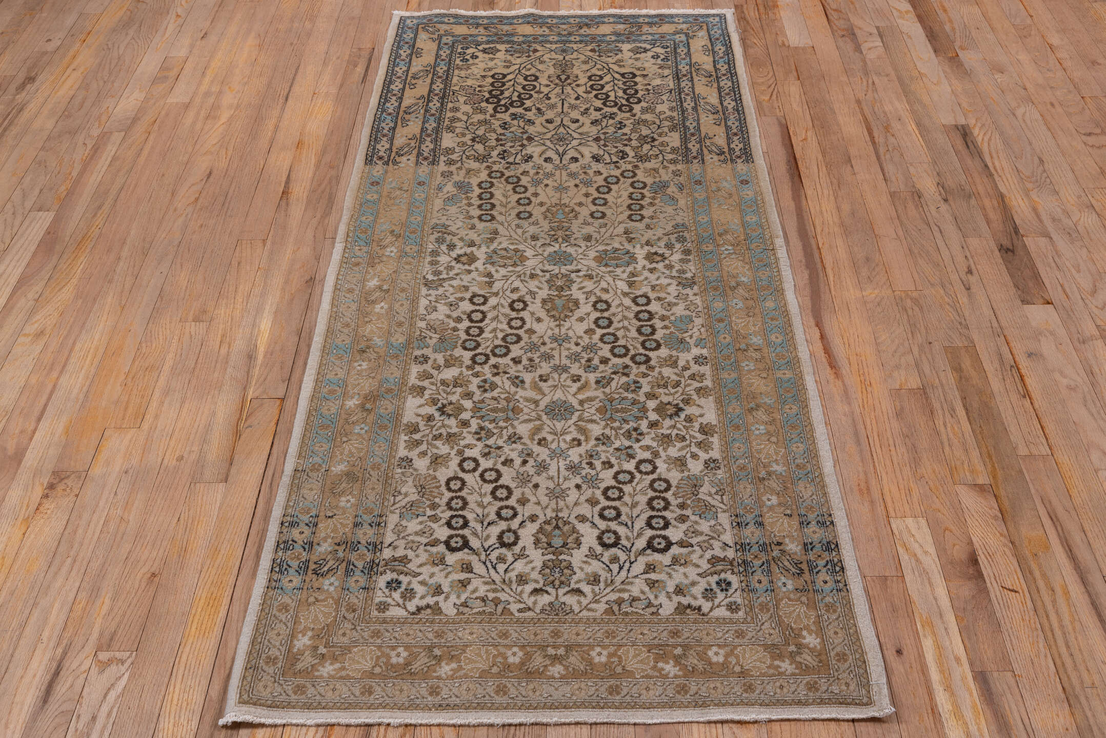 3' x 7' one-of-a-kind handmade vintage Sivas runner rug. Color palette: ivory, beige, taupe, sky_blue, brown, camel, gray