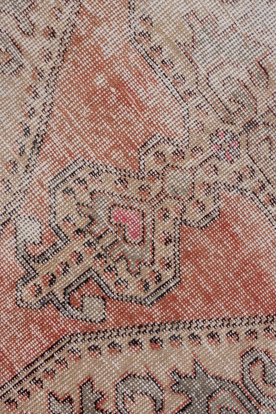 4' x 7' one-of-a-kind handmade vintage Oushak rug. Color palette: ivory, blush, peach, taupe, rose, slate, brown, pink