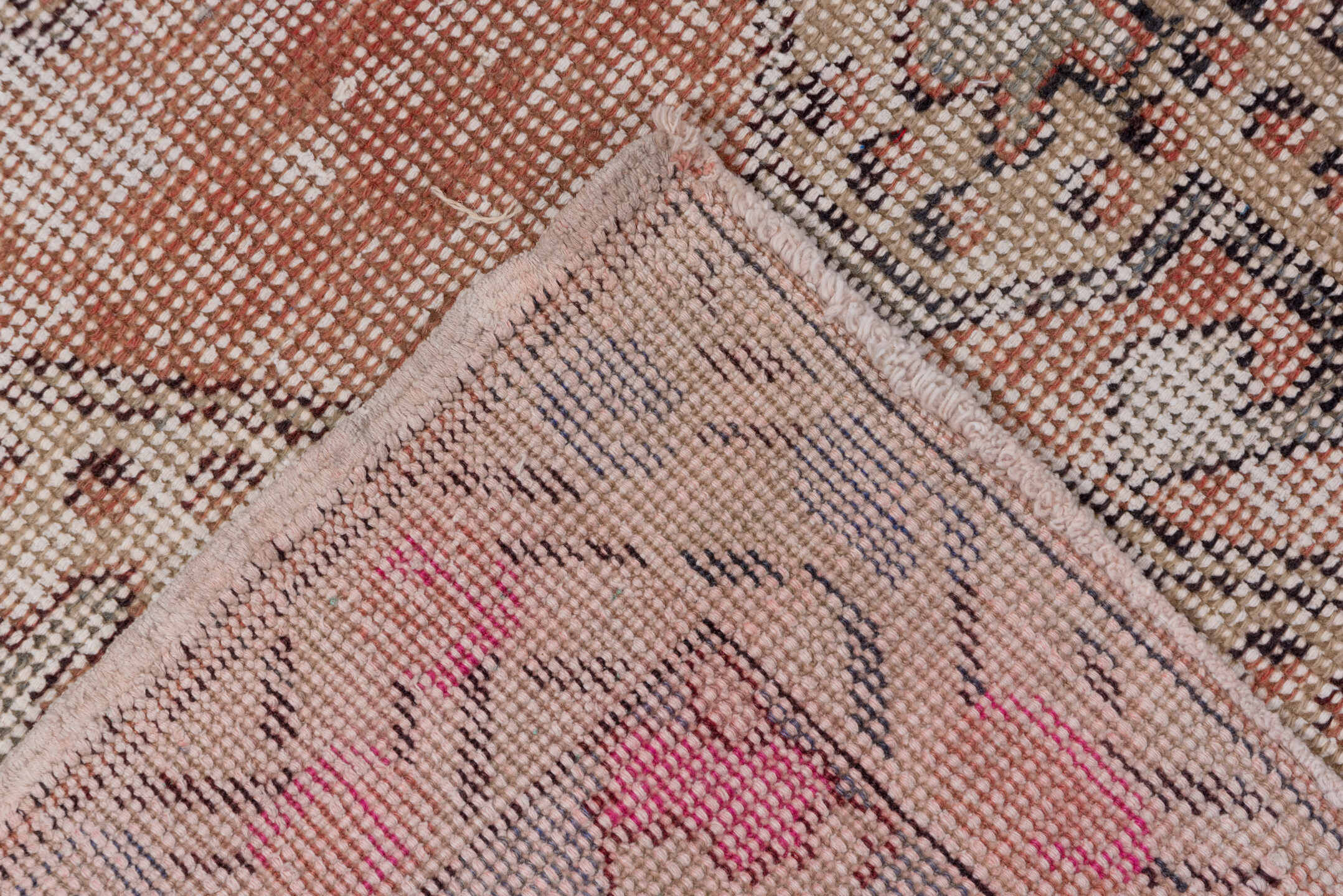 4' x 7' one-of-a-kind handmade vintage Oushak rug. Color palette: ivory, blush, peach, taupe, rose, slate, brown, pink