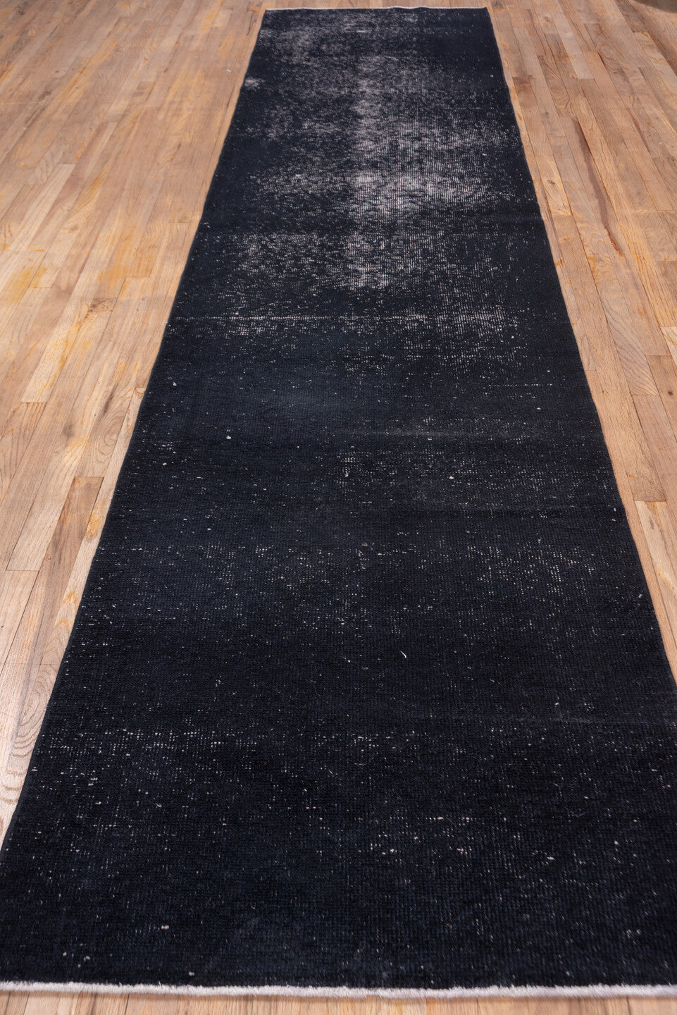 3' x 13' one-of-a-kind handmade vintage Overdyed runner rug. Color palette: black, charcoal, dim gray, gray, light gray