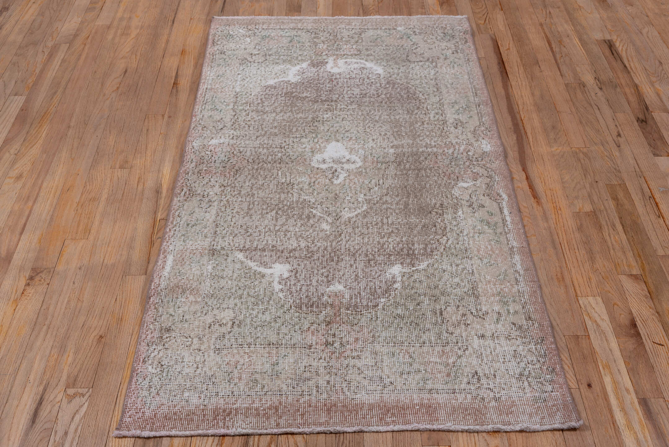 3' x 7' one-of-a-kind handmade vintage Oushak runner rug. Color palette: taupe, blush, ivory, rose, sage, beige, gray, pink