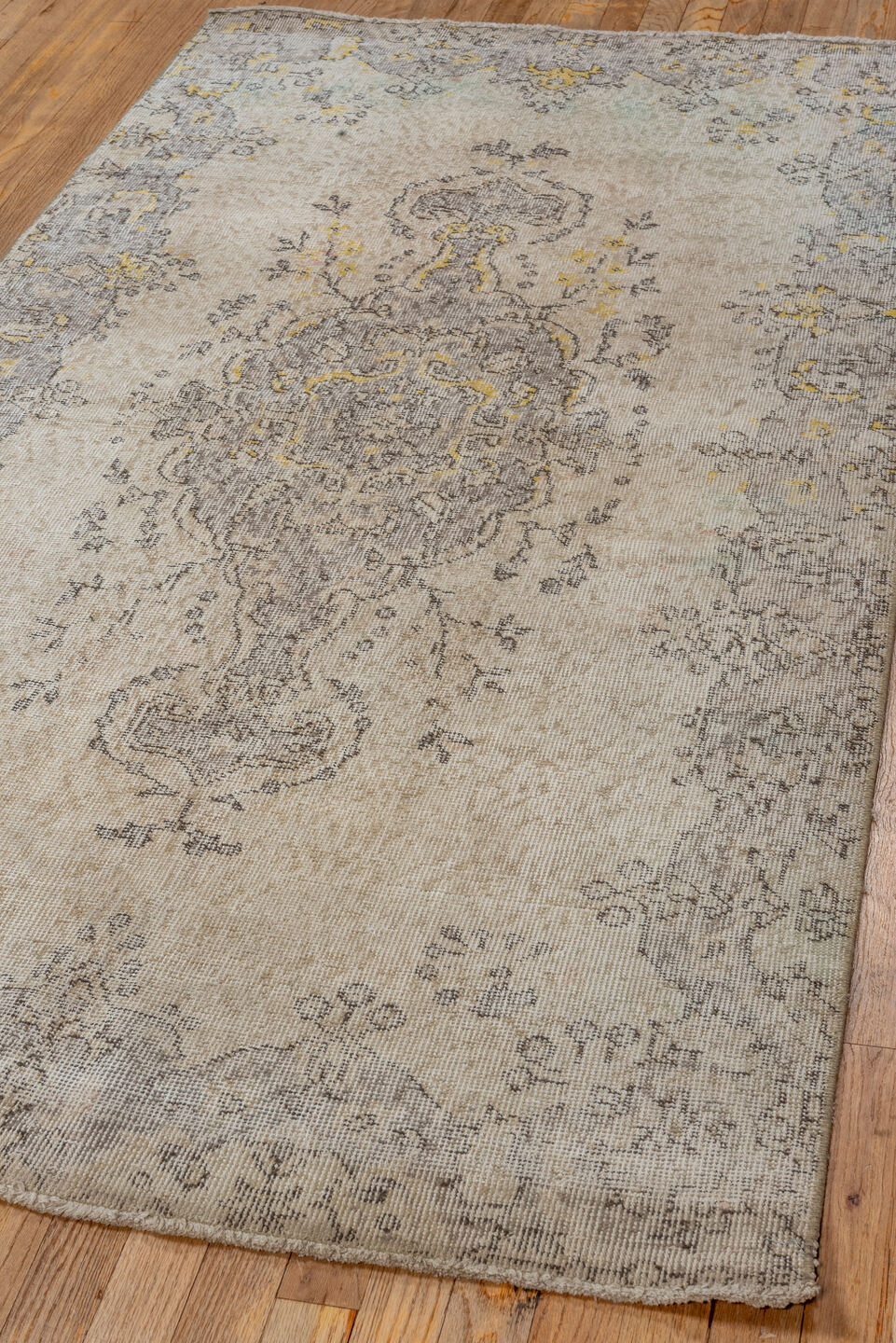3' x 7' one-of-a-kind handmade vintage Oushak rug. Color palette: ivory, taupe, gray, gold, cream, beige