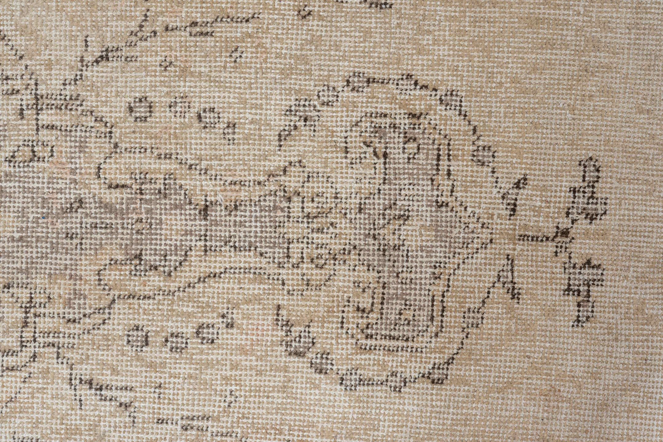 3' x 7' one-of-a-kind handmade vintage Oushak rug. Color palette: ivory, taupe, gray, gold, cream, beige