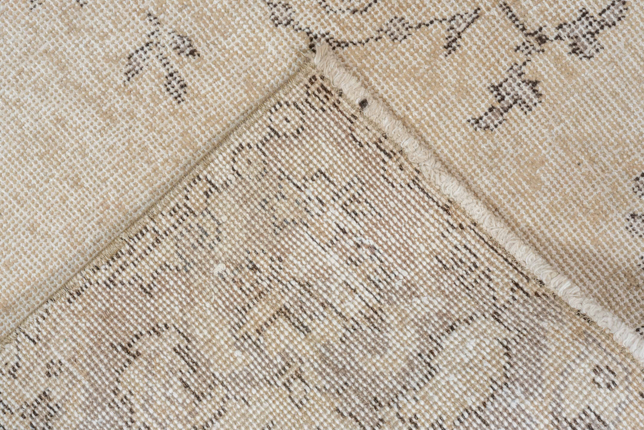 3' x 7' one-of-a-kind handmade vintage Oushak rug. Color palette: ivory, taupe, gray, gold, cream, beige