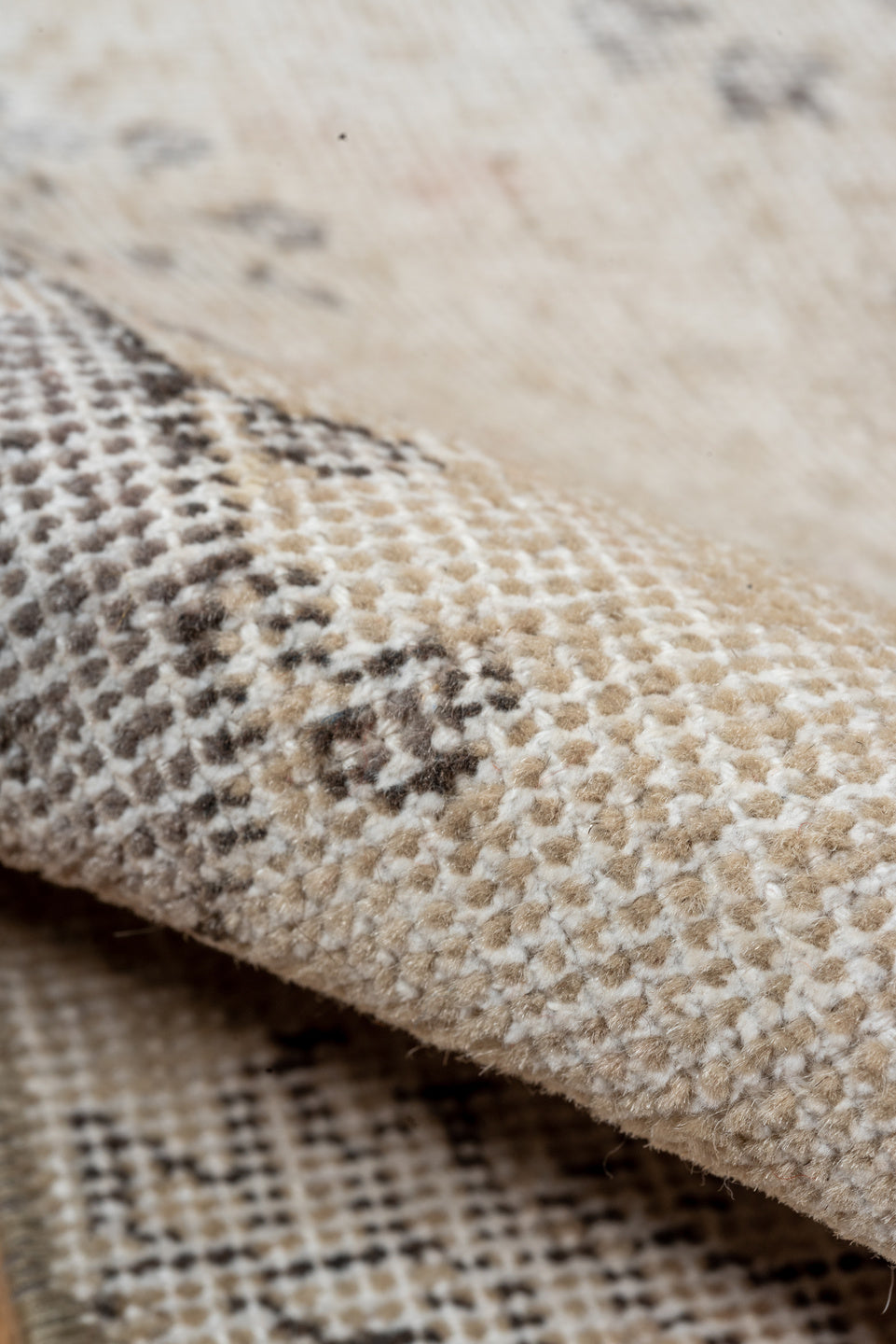 3' x 7' one-of-a-kind handmade vintage Oushak rug. Color palette: ivory, taupe, gray, gold, cream, beige