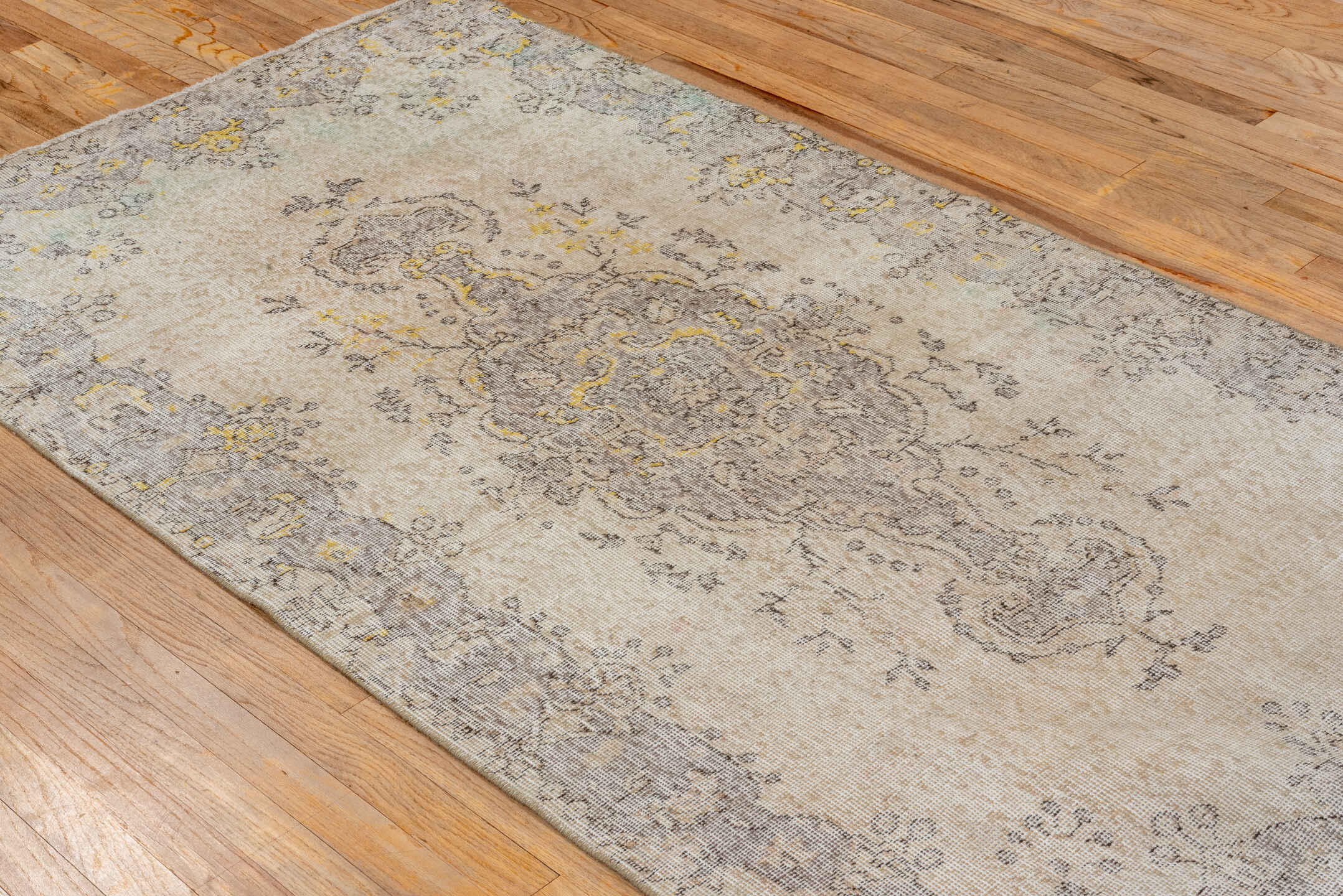 3' x 7' one-of-a-kind handmade vintage Oushak rug. Color palette: ivory, taupe, gray, gold, cream, beige
