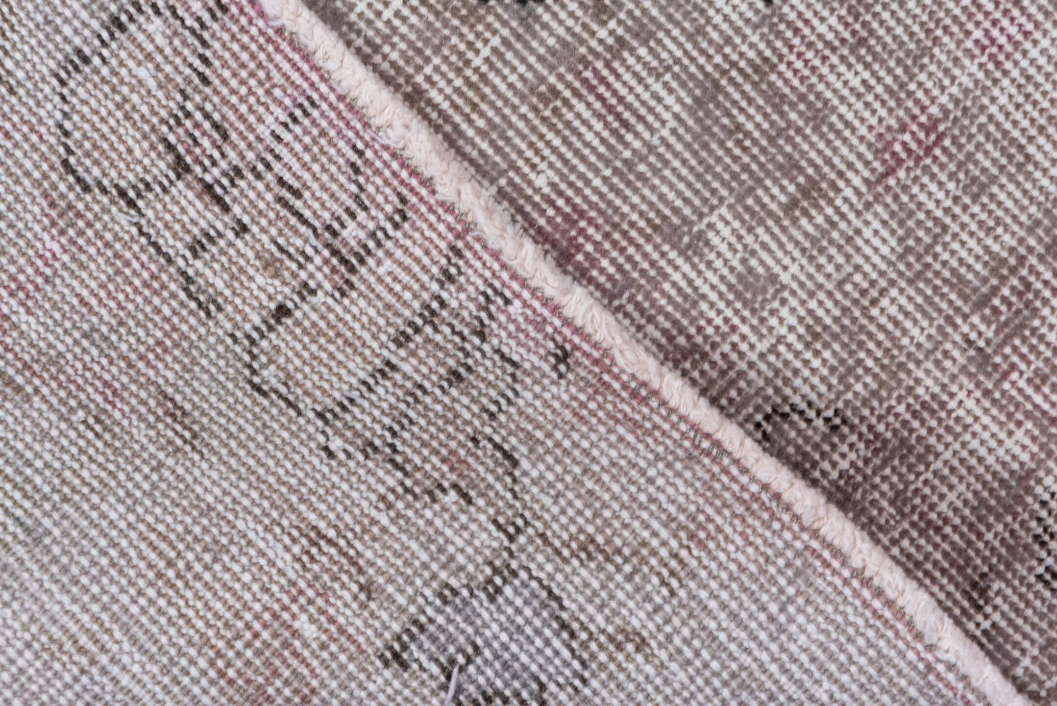 2' x 8' one-of-a-kind handmade vintage Overdyed runner rug. Color palette: taupe, ivory, rose, lavender, charcoal, beige