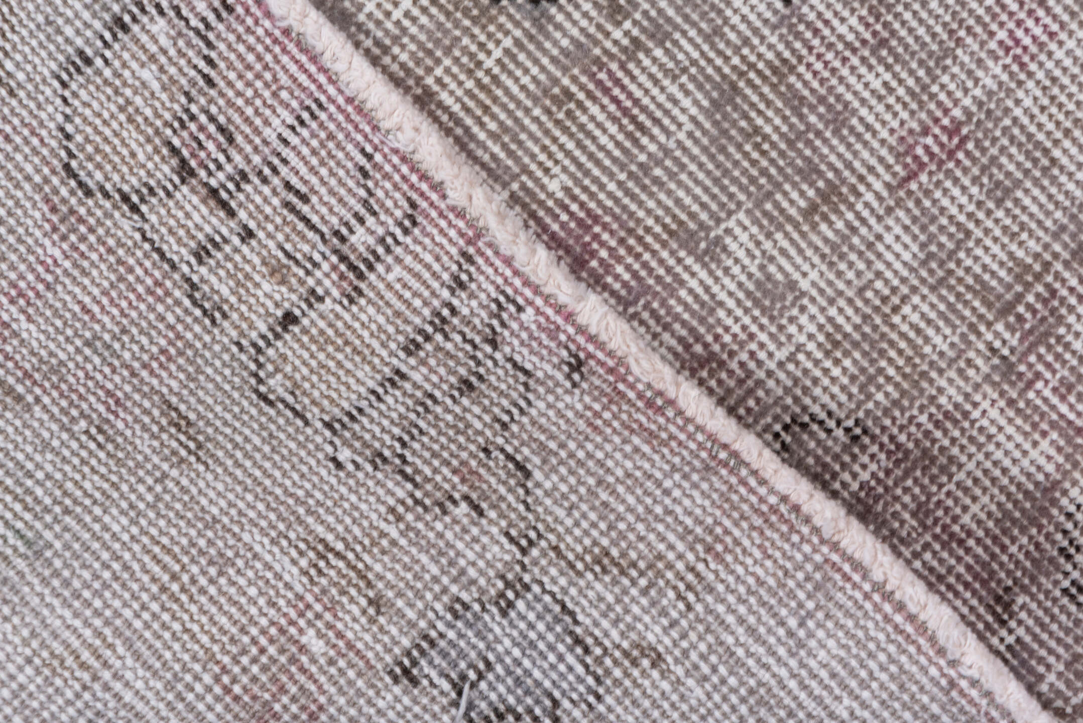 2' x 8' one-of-a-kind handmade vintage Overdyed runner rug. Color palette: taupe, ivory, rose, lavender, charcoal, beige